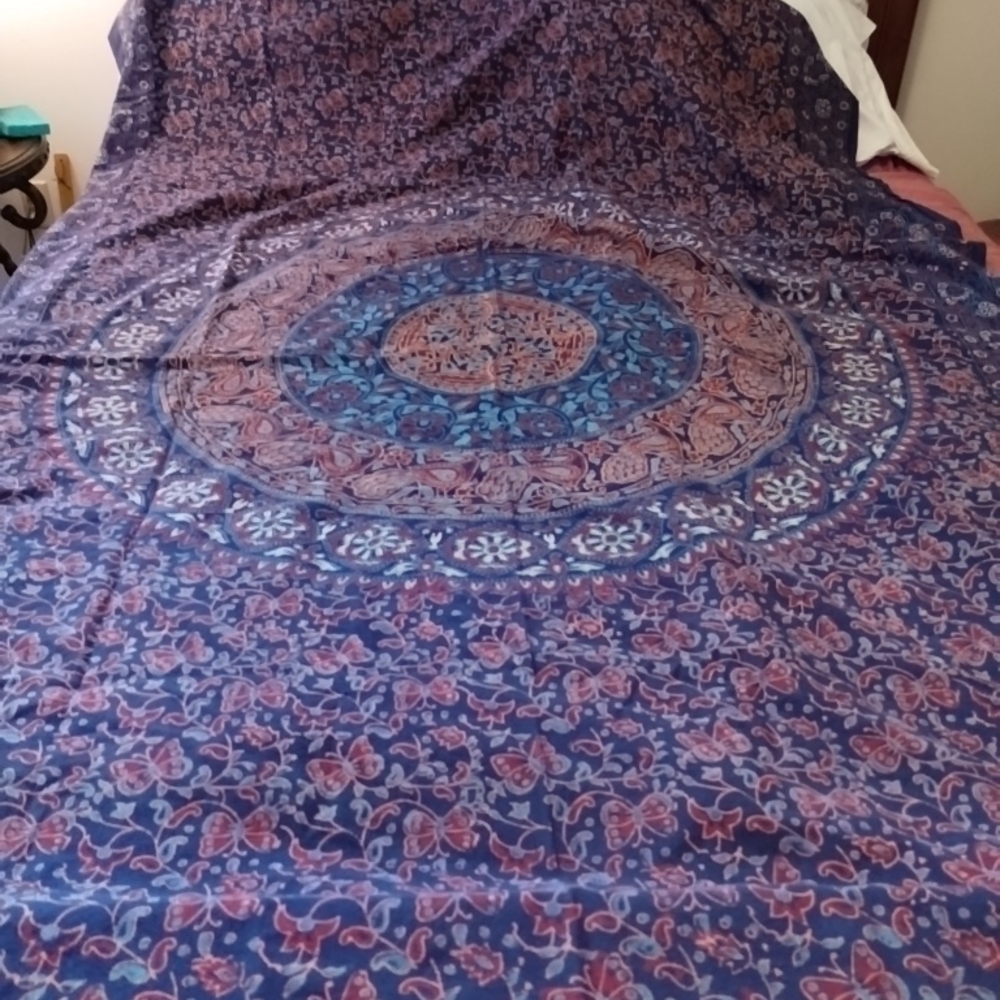 Elegant Blue/ Multicolored Ethnic Emblem Printed Tablecloth